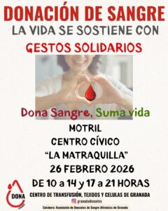 Donación de Sangre el 26 de Febrero en el Centro Cívico LA MATRAQUILLA